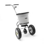Ride-on fertilizer spreader with three wheels