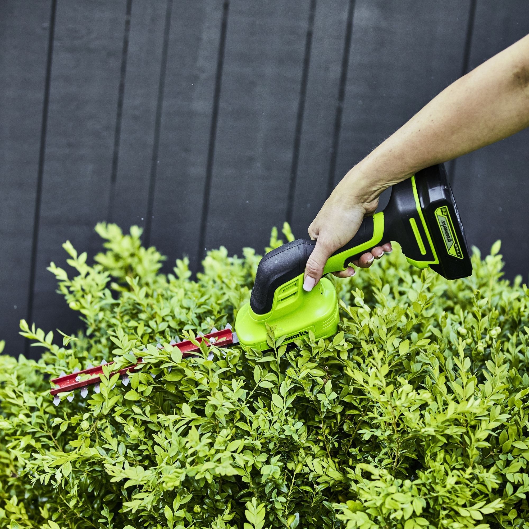 wze3zwjeyry.jpg - Mowers Online Person trimming hedge with cordless hedge trimmer