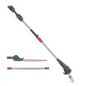 Cordless pole hedge trimmer with attachments.