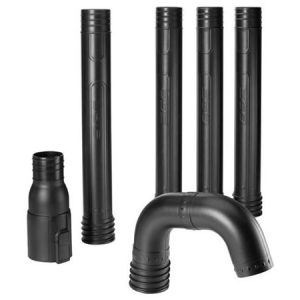 Black plastic pipe fittings and connectors assortment.