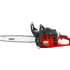 Gas-powered chainsaw with red housing and guide bar