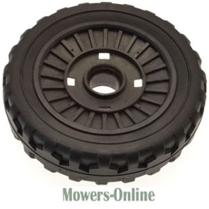 Lawn mower wheel with tread pattern
