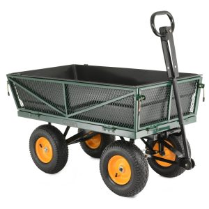 Garden cart with mesh sides and yellow wheels