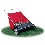 Push lawn sweeper with red collection bag