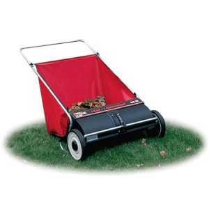 Push lawn sweeper with red collection bag