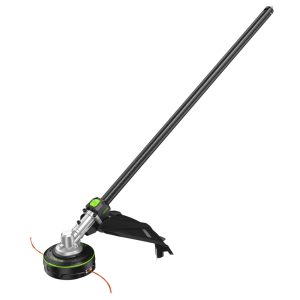 String trimmer with curved shaft and shoulder strap