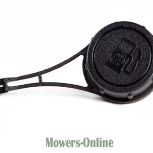 Lawn mower fuel cap with strap