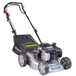 Petrol push lawn mower with four wheels