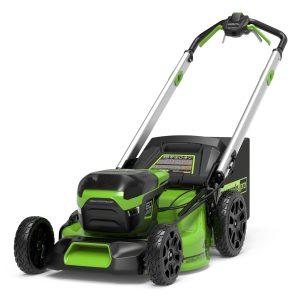 Green and black cordless push lawn mower