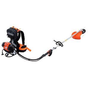 Backpack string trimmer with shoulder harness