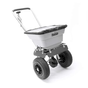 Handy wheeled garden fertilizer spreader