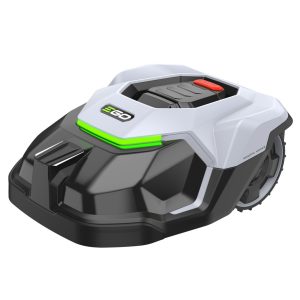 Robotic lawn mower with white and black design