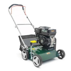 Gas-powered lawn aerator with engine and handles