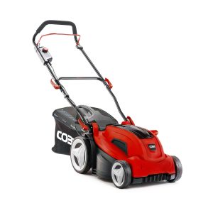 Corded electric lawn mower with red and black body