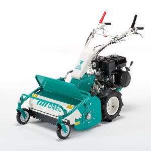 Teal walk-behind lawn mower with engine