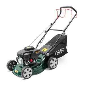 Petrol lawn mower with bag and handles
