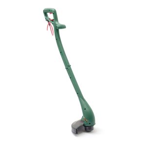 Electric string trimmer with curved shaft