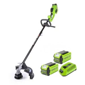 Cordless string trimmer with two batteries and charger